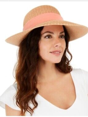 Nine West Natural Straw Sun Hat with Coral Band